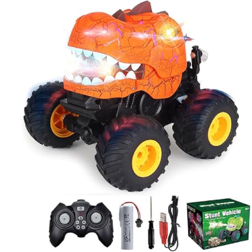 Dinosaur Remote Control Car for 3-12 Year Old, Dinosaurier Auto Spielzeug, Dinosaurier Monster Truck Spielzeug, 2.4 GHz Stunt-Autos mit Licht, Klang, Sprühen, Geschenke für Jungen Mädchen (Orange) von GUSHE