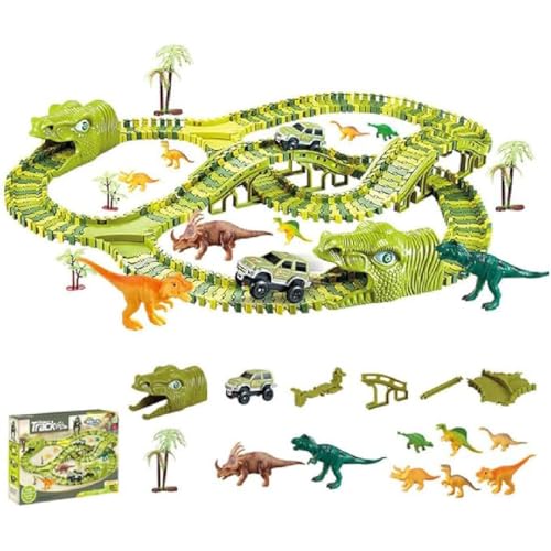 Dinosaur Track Set Toy, Dinosaurier Spielzeug Schienen für Kinder, Dinosaurier Rennstrecke Spielzeug, Flexible Zugbahnen Set mit Dinosaurier-Figuren, Dinosaur Race Tracks für Jungen, Mädchen (240PCS) von GUSHE