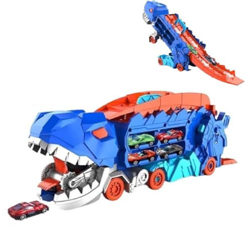 GUSHE Transport Dinosaur Truck with Foldable Sliding, Dinosaurier Transporter Truck Spielzeug, Tragbares Rennbahn Spielzeug mit 4 Rennautos, Dinosaurier Auto Spielzeug für 3 4 5 6 Jahre alte Jungen von GUSHE