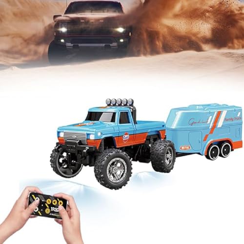 Mini RC Monster Truck, Mini RC Auto USB C wiederaufladbar, 2.4GHz Mini RC Auto mit Abschleppwagen und LED-Licht, 1:64 Ferngesteuertes Auto, 3 Geschwindigkeiten, Auto Spielzeug für Kinder (Blau) von GUSHE