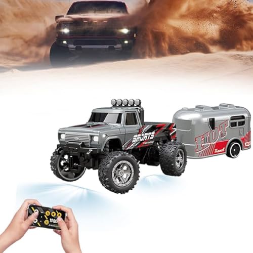 Mini RC Monster Truck, Mini RC Auto USB C wiederaufladbar, 2.4GHz Mini RC Auto mit Abschleppwagen und LED-Licht, 1:64 Ferngesteuertes Auto, 3 Geschwindigkeiten, Auto Spielzeug für Kinder (Grau) von GUSHE