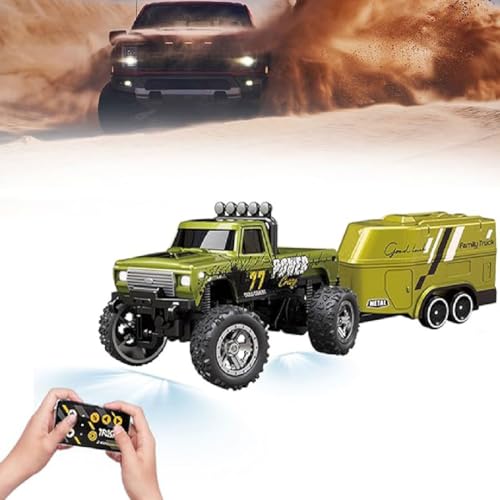 Mini RC Monster Truck, Mini RC Auto USB C wiederaufladbar, 2.4GHz Mini RC Auto mit Abschleppwagen und LED-Licht, 1:64 Ferngesteuertes Auto, 3 Geschwindigkeiten, Auto Spielzeug für Kinder (Grün) von GUSHE