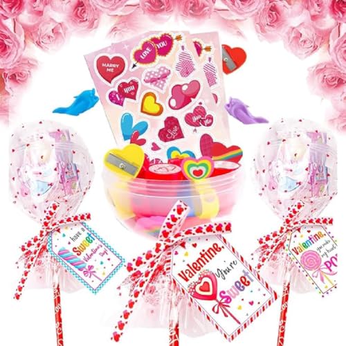 Valentines Day Gifts for Kids-24pcs Valentines Lollipop-Shaped Slime with Cards, Riesen Lutscher-förmiges Schreibwaren, Lutscher-förmiges Schreibwaren-Set Geschenke für Jungen und Mädchen von GUSHE