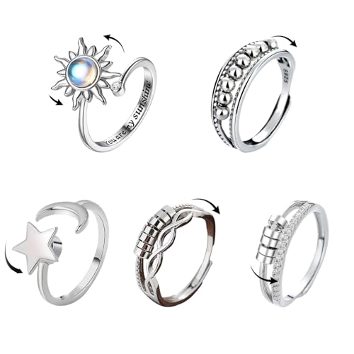 GUTERTOP 5 Stück Angst Ring Damen, Verstellbare Stress Ringe zum Drehen, Fidget Ring Damen Stapelbare für Stress Abbauen von GUTERTOP