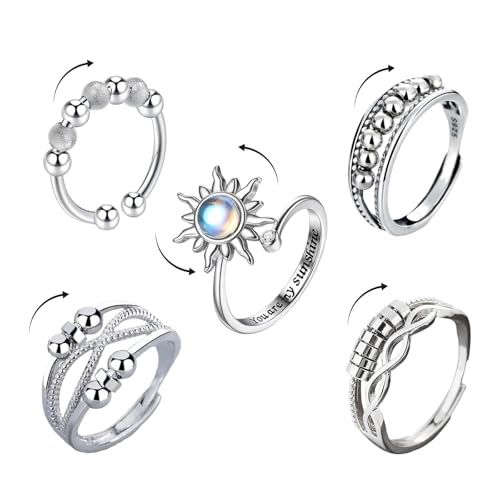 GUTERTOP 5 Stück Angst Ring Damen, Verstellbare Stress Ringe zum Drehen, Fidget Ring Damen Stapelbare für Stress Abbauen von GUTERTOP