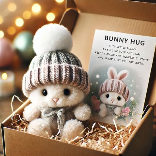 Mini Bunny Hug Cute Easter Gift,Mini Bunny Plush,Bunny Stuffed Animal Sets, Plush Pocket Hug Rabbit with Knitted Hat and Pom Pom,Gift for Teachers, Friends - Includes Box and Card (a-1) von GUUIESMU