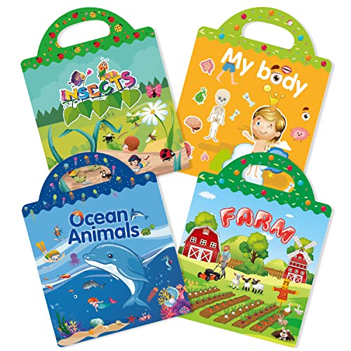 GUYUCOM 4 Pack Stickerbuch ab 2 3 4 5 6 Jahre Sticker Book Set Meerestiere Körperteil Insekt Bauernhof Spielzeug für Kinder Lerngeschenke Kinderspielzeug Weihnachten Geburtstag Geschenke von GUYUCOM