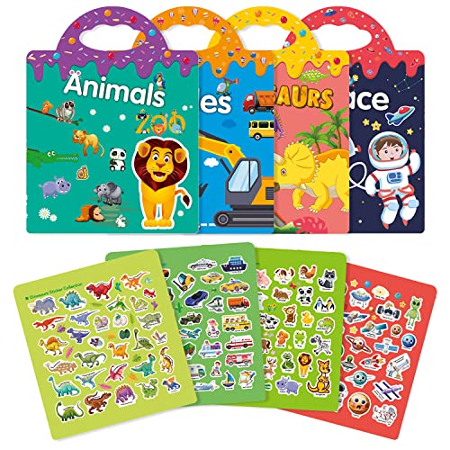 GUYUCOM Sticker Set 4 Stück - Wiederverwendbares Stickerbuch für Mädchen ab 2 Jahre, 3D Aufkleber Themen Enthält Dinosaurier, Tiere, Fahrzeuge und Raum, Kinder Geschenk Spielzeug für 2 3 4 5 6 jahre von GUYUCOM