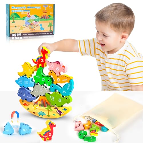 GUYUWE Stapelspiel ab 2 3 4 5 Jahre Dinosaurier Stapelspielzeug Montessori Spielzeug aus Holz Geschenke für Kinder Pädagogisches Magnetische Übereinstimmung von GUYUWE