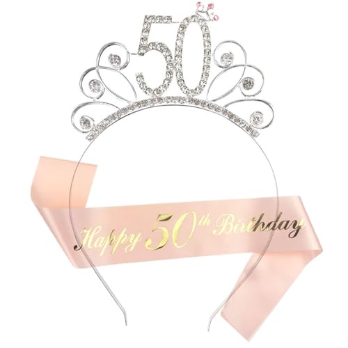 50. Geburtstag Krone Schärpe Krone, Happy 50th Birthday Geburtstags Kristall Tiara Krone mit Geburtstags Schärpe, Frauen deko für Birthday Geburtstag Deko, für Mädchen Party Deko Zubehör von GVEYIQK