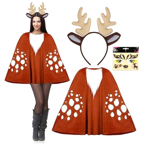 GWAWG 3 Pcs Reindeer Carnival Costume Set, Reindeer Cloak, Antler Headband with Reindeer Ears, GlitterFacial Tattoo with Reindeer Pattern, for Carnival Theme Party, for Girl Women von GWAWG