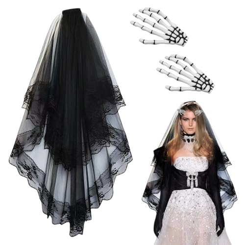 GWAWG 3 schwarze Schleier für Bräute mit Hand und Knochen, Haarclip, Spitzen-Kopfband, Gothic, Halloween, Geist, Braut, Cosplay, kreatives Kostüm, für Karneval, Maskerade GWAWG 3 schwarze Schleier für Bräute mit Hand und Knochen, Haarclip, Spitzen-Kopfband, Gothic, Halloween, Geist, Braut, Cosplay, kreatives Kostüm, für Karneval, Maskerade von GWAWG