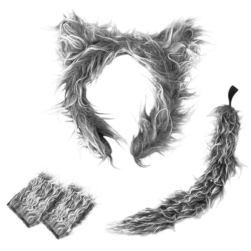 GWAWG 3Stück Haarreif Wolfs Ohren Kostümzubehör Wolf Kostüm Zubehör Set Nette Tier Ohren Schwanz und Handschuhe Cosplay Kostüm Wolf Cosplay Kostüm Fancy Set Wolf Kostümzubehör von GWAWG