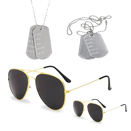 GWAWG 4 Stück Flieger Kapitän Kostüm für Männer und Damen, Armee Taktische Accessoires Sonnenbrille, Erkennungsmarke Militärmütze Zubehör, Captain Fancy Dress für Halloween, Kostümpartys von GWAWG