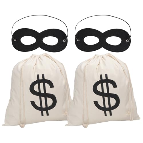 GWAWG 4 Stück Geldbeutel mit Dollar-Symbol, Bankräubertasche weiß mit schwarzer Maske, Stoffbeutel, Münzbeutel, Zubehör für Verkleidung Dieb, Karneval, Halloween, Cosplay von GWAWG