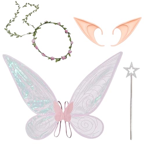 GWAWG Feenflügel-Sets für Mädchen und Frauen, Feenkostüm, Schmetterlingsflügel mit Elfenohren, Blume, Stirnband, Zauberstab für Kinder, Geburtstag, Halloween, Weihnachten, Fasching, Cosplay-Party GWAWG Feenflügel-Sets für Mädchen und Frauen, Feenkostüm, Schmetterlingsflügel mit Elfenohren, Blume, Stirnband, Zauberstab für Kinder, Geburtstag, Halloween, Weihnachten, Fasching, Cosplay-Party von GWAWG