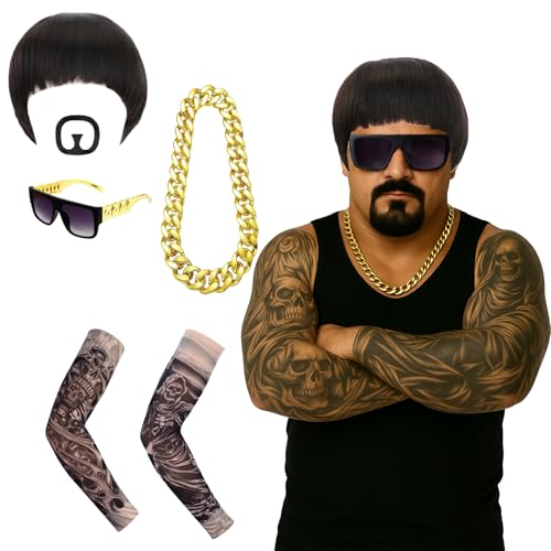 GWAWG Final Boss Meme Kostüm Set Schüssel Cut Perücke Ziegenbart Schnurrbart Sonnenbrille Goldkette & Tattoo Ärmel Lustiges 90er Meme Cosplay Ibiza Outfit für Halloween Festivals Retro Rave Party GWAWG Final Boss Meme Kostüm Set Schüssel Cut Perücke Ziegenbart Schnurrbart Sonnenbrille Goldkette & Tattoo Ärmel Lustiges 90er Meme Cosplay Ibiza Outfit für Halloween Festivals Retro Rave Party von GWAWG