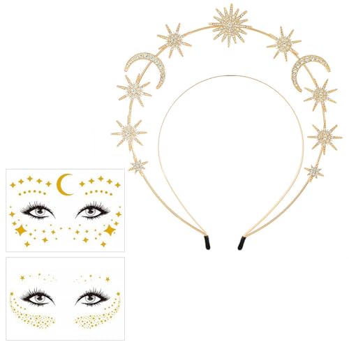 GWAWG Haarreif Sonne Mond und Sterne, Glitzer Sonne Mond Sterne Haarreif Zubehör, Sonne Krone Sterne Kristall Stirnband mit 2 Sonne Temporäre Tattoo für Damen Boho Hochzeit Karneval Kopfschmuck von GWAWG