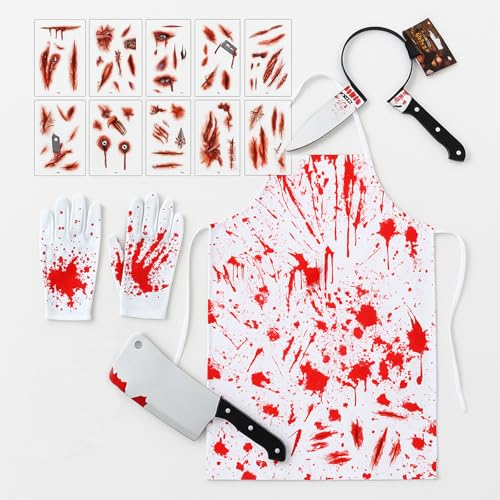 GWAWG Halloween Metzger Kostüm Herren Damen–5 Stück Schlachter Kostüm mit blutiger Schürze Haarreif Messer im Kopf Handschuhen Narben Tattoos–Serienkiller Zombie Horror Outfit Karneval Fasching Party GWAWG Halloween Metzger Kostüm Herren Damen–5 Stück Schlachter Kostüm mit blutiger Schürze Haarreif Messer im Kopf Handschuhen Narben Tattoos–Serienkiller Zombie Horror Outfit Karneval Fasching Party von GWAWG