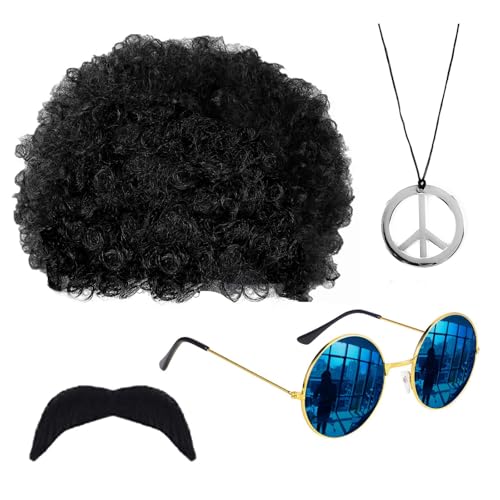 GWAWG Hippie-Kostüm-Set, 60er-/70er-Jahre-Retro-Hippie-Zubehör, flippige Afro-Perücke, Sonnenbrille, Friedenszeichen-Halskette und Schnurrbart, für Party, Herren und Damen, Pop-Hippie, 70er-Jahre, von GWAWG