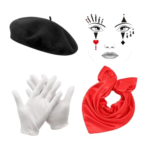 GWAWG Karneval Pantomime Kostüm-Set für Damen und Herren, schwarzer Hut, rotes Tuch, weiße Handschuhe, Gesichtstattowierung, Kostümzubehör für Karneval, Mottopartys, mehrfarbig von GWAWG