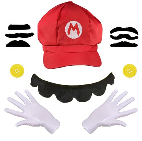 GWAWG Mario Luigi Kostüm Accessories Mütze Hut Handschuhe Bart gelbe Knöpfe Faschingkostüme für Fasching Karneval Halloween Cosplay Mottoparty Kostüm für Kinder Damen Herren von GWAWG