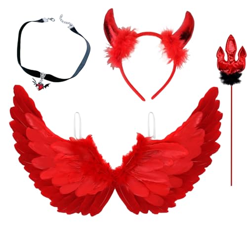 GWAWG Rote Engelsflügel und Teufelshörner mit Zauberstab, Rotes Teufelskostüm mit Dämonenfledermaus Halskette, Gefallene Engelsflügel für Erwachsene Kinder Halloween Fasching Cosplay Party GWAWG Rote Engelsflügel und Teufelshörner mit Zauberstab, Rotes Teufelskostüm mit Dämonenfledermaus Halskette, Gefallene Engelsflügel für Erwachsene Kinder Halloween Fasching Cosplay Party von GWAWG