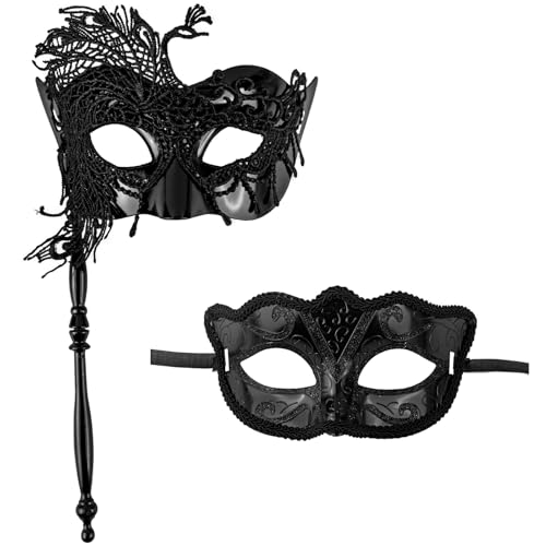 GWAWG Venezianische Maske, 2 Stück, Maskerademaske, Maskerade, für die Augen, für Herren, Damen, Maske mit Stab für Halloween, Maskerade, Karneval, Damen und Herren, Schwarz von GWAWG