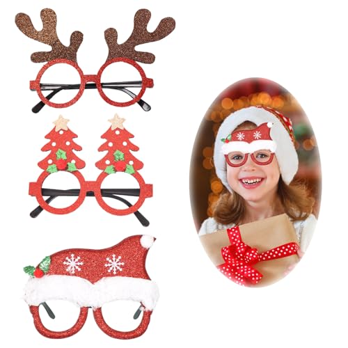 GWAWG Weihnachtsbrillen Neuheit,3 Stück Weihnachtsglitzer-Partybrille,Brillenrahmen Weihnachtsdekoration, für Kinder und Erwachsene von GWAWG