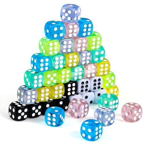 GWHOLE 40 Stück Würfel Bunt Set 6-Seitig, 14 mm Transparent Würfel Standardwürfel Spielwürfel Dice Set für Würfelspiele Tischspiele, 8 Farben von GWHOLE