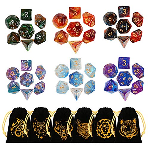 GWHOLE 42 Stück Polyedrische Würfel Set Glitzernd mit Taschen Doppel-Farben Polyedrischer Spielwürfel für Dungeons and Dragons DND RPG MTG W20 W12 W10 W8 W6 W4 Tischkartenspiele von GWHOLE