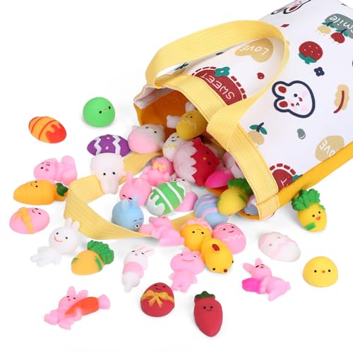 GWHOLE 50 Stück Squishy Kawaii Set Oster Mini Mochi Squishy Ostern Squeeze Stressabbau Squishies Toy Mochi Squishy Anti Stress Tiere Squishies Spielzeug in Verschiedenen Motiven mit Tasche von GWHOLE