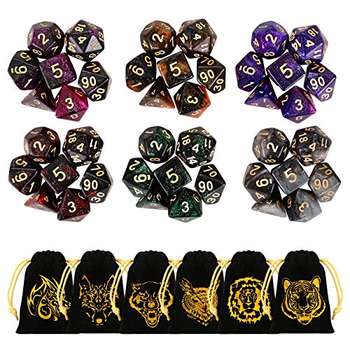 GWHOLE 6 x 7 (42 Stück) Polyedrische Würfel Set Glitzernd mit Taschen Doppel-Farben Polyedrischer Spielwürfel für Dungeons and Dragons DND RPG MTG W20 W12 W10 W8 W6 W4 Tischkartenspiele von GWHOLE