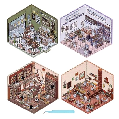 GXJIXF 4 Sets DIY 3D House Stickers - Fun & Cute Korean Stickers to Create Your Own Supermarket, Coffee Shop, Restaurant, and Bookstore Scenes (A) von GXJIXF