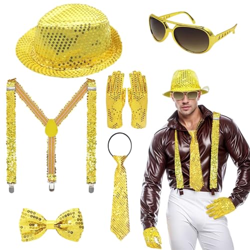 glitzer und glamour party outfit, Glitzer Outfit Herren Set, Glitzer Hemd Accessoires, mit Pailletten Hosenträger, Fliege, Krawatte, Hut, Handschuhe, Silber Kostüm für Disco Party Dance Performance von GXYANiaoy