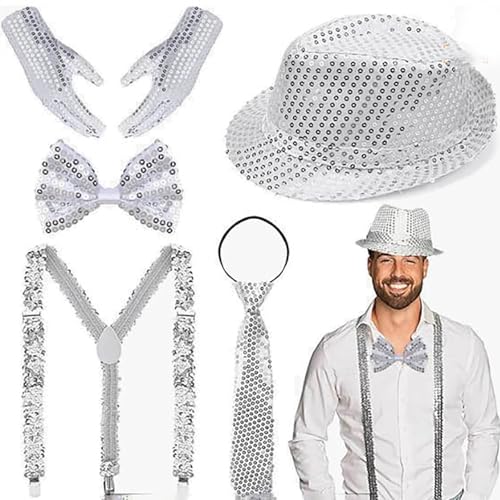 silvester outfit 2025, Glitzer Outfit Herren Set, Glitzer Hemd Accessoires, mit Pailletten Hosenträger, Fliege, Krawatte, Hut, Handschuhe, Silber Kostüm für Fasching Disco Party Dance Performance von GXYANiaoy