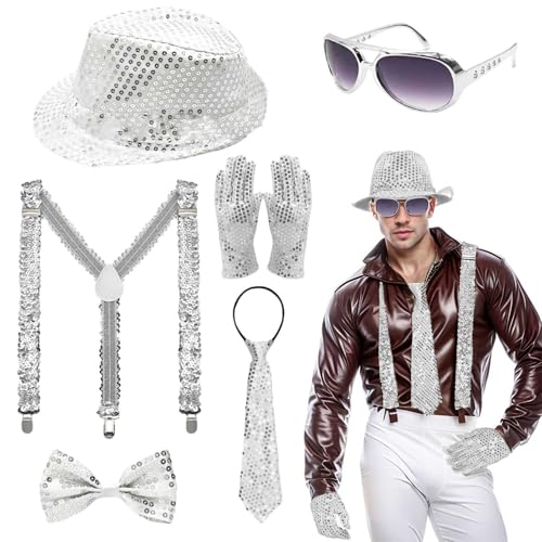 silvester outfit glitzer bluse, Glitzer Outfit Herren Set, Glitzer Hemd Accessoires, mit Pailletten Hosenträger, Fliege, Krawatte, Hut, Handschuhe, Silber Kostüm für Disco Party Dance Performance von GXYANiaoy