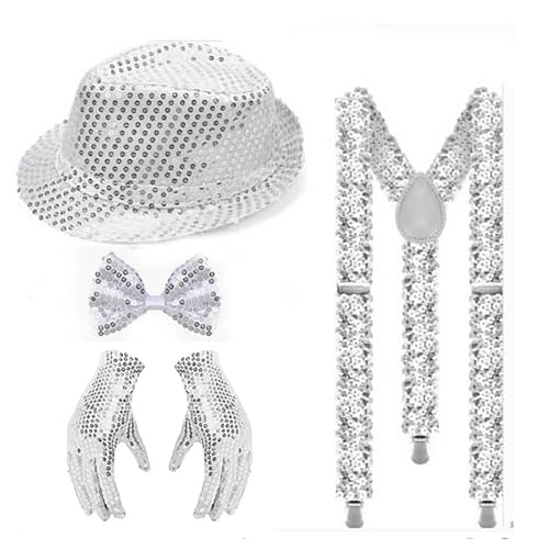 silvester outfit glitzer oberteil, Glitzer Outfit Herren Set, Glitzer Hemd Accessoires, mit Pailletten Hosenträger, Fliege, Krawatte, Hut, Handschuhe, Silber Kostüm für Disco Party Dance Performance von GXYANiaoy