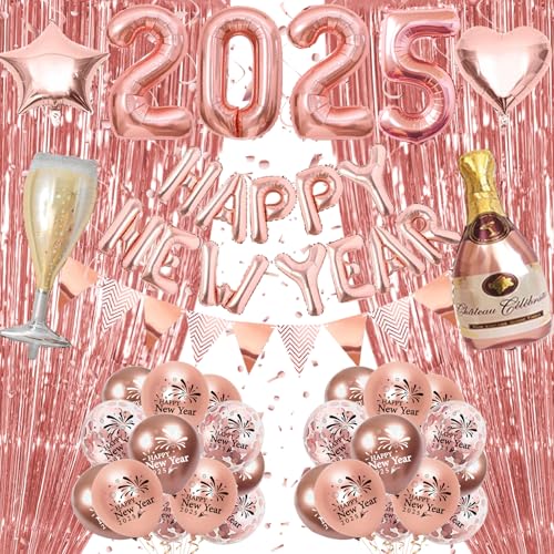 GYESXYW Silvester Deko 2025, Rosegold Neujahr Deko 2025, Happy New Year Banner, 2025 Folienballon, Rosegold Konfetti Luftballons, Glitzer Vorhänge, 2025 Silvester Party Dekoration Set von GYESXYW