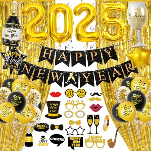 GYESXYW Silvester Deko 2025, Schwarz Gold Neujahr Deko 2025 Happy New Year Banner, 2025 Folienballon Konfetti Luftballons, Glitzer Vorhänge, 2025 Foto Requisite Party Dekoration Set für Silvesterparty von GYESXYW