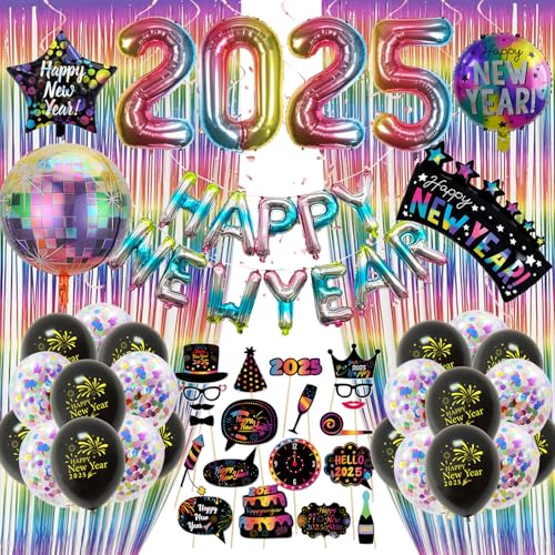 GYESXYW Silvester Deko 2025, Regenbogen Schwarz Neujahr Deko 2025 Happy New Year Banner, 2025 Folienballon Konfetti Luftballons, Glitzer Vorhänge, 2025 Foto Requisite Dekoration Set für Silvesterparty von GYESXYW