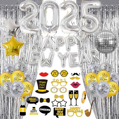 GYESXYW Silvester Deko 2025, Silber Gold Neujahr Deko 2025 Happy New Year Banner, 2025 Folienballon Konfetti Luftballons, Glitzer Vorhänge, 2025 Foto Requisite Party Dekoration Set für Silvesterparty von GYESXYW