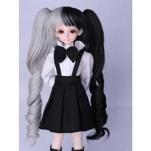 BJD Puppe Perücke 1/4 Schwarz-Weiss Langes Lockiges Haar Handgefertigt Hochtemperaturseide BJD Perücke Puppenzubehör von GYHCB