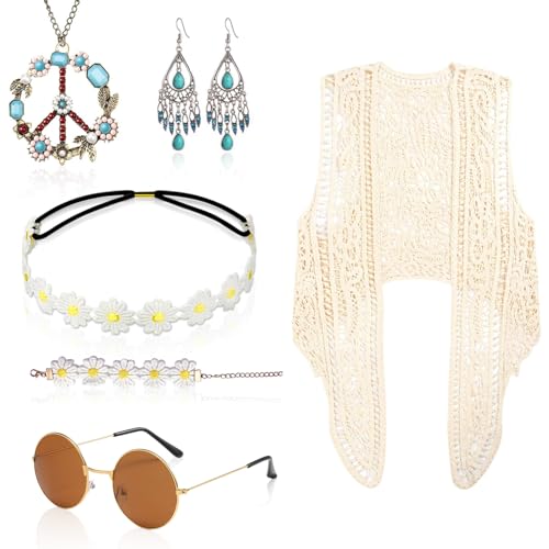 GYHWOFUL 6 Stück Hippie Kostüm Set, 60er 70er Jahre Damen Bekleidung, Abba Mode Kostüm, Boho Hippie Weste, Sonnenbrille, Friedenszeichen Halskette, Ohrring, Haarband und Armband, Hippie Accessoires von GYHWOFUL