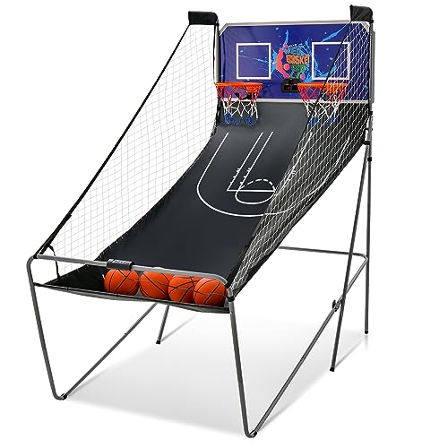 GYMAX Automat Basketballkorb, faltbar Elektronische Basketballspiel mit 8 Spieleinstellungen & elektronischer Anzeigetafel, Schießmaschine inkl. 4 Bällen & 2 Fangkörben (Blau) von GYMAX