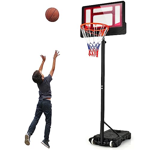 GYMAX Basketballkorb mit Rollen Outdoor, Basketballständer 90-210 cm höhenverstellbar, Basketballanlage, Korbanlage mit befüllbarer Basis für Jugendliche & Erwachsene (Rot) von GYMAX