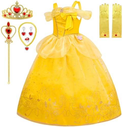 GZ-LAOPAITOU Prinzessin Kleid Kostüm für Mädchen Cosplay Halloween Geburtstag Weihnachten Party Outfit Gelb mit Zubehör, Gelb 02-mit Zubehör, 4-5 Jahre von GZ-LAOPAITOU