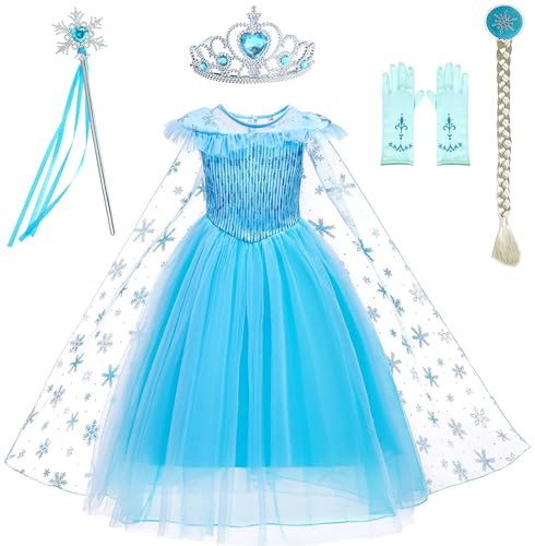 GZ-LAOPAITOU Prinzessin Kleid Mädchen Prinzessin Kostüm für Elsa Halloween Cosplay Geburtstag Party Prinzessin Dress Up mit Umhang Blau Blau 01, 3-4T von GZ-LAOPAITOU