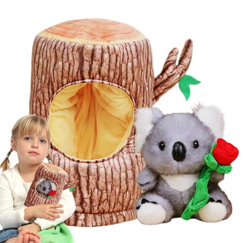 GZBMEZS Koala Stoffpuppe,Koala Stofftier | Kuscheltier mit Rose und Baumstumpf,Niedliche Plüschtier-Dekoration, 27,9 cm großes Koala-Spielzeug für Bett, Sofa, Wohnzimmer, Schlafzimmer von GZBMEZS