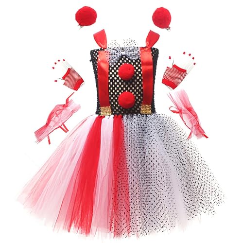 GZBMEZS Mädchen Halloween Clown Rock, Clown Cosplay Kleid | Mädchenkostüme Halloween Cosplay Outfits,Clown-Cosplay-Kostüme für Kinder mit Netzhandschuhen, Haarspange und Netzärmeln für 2–12 Jahre von GZBMEZS